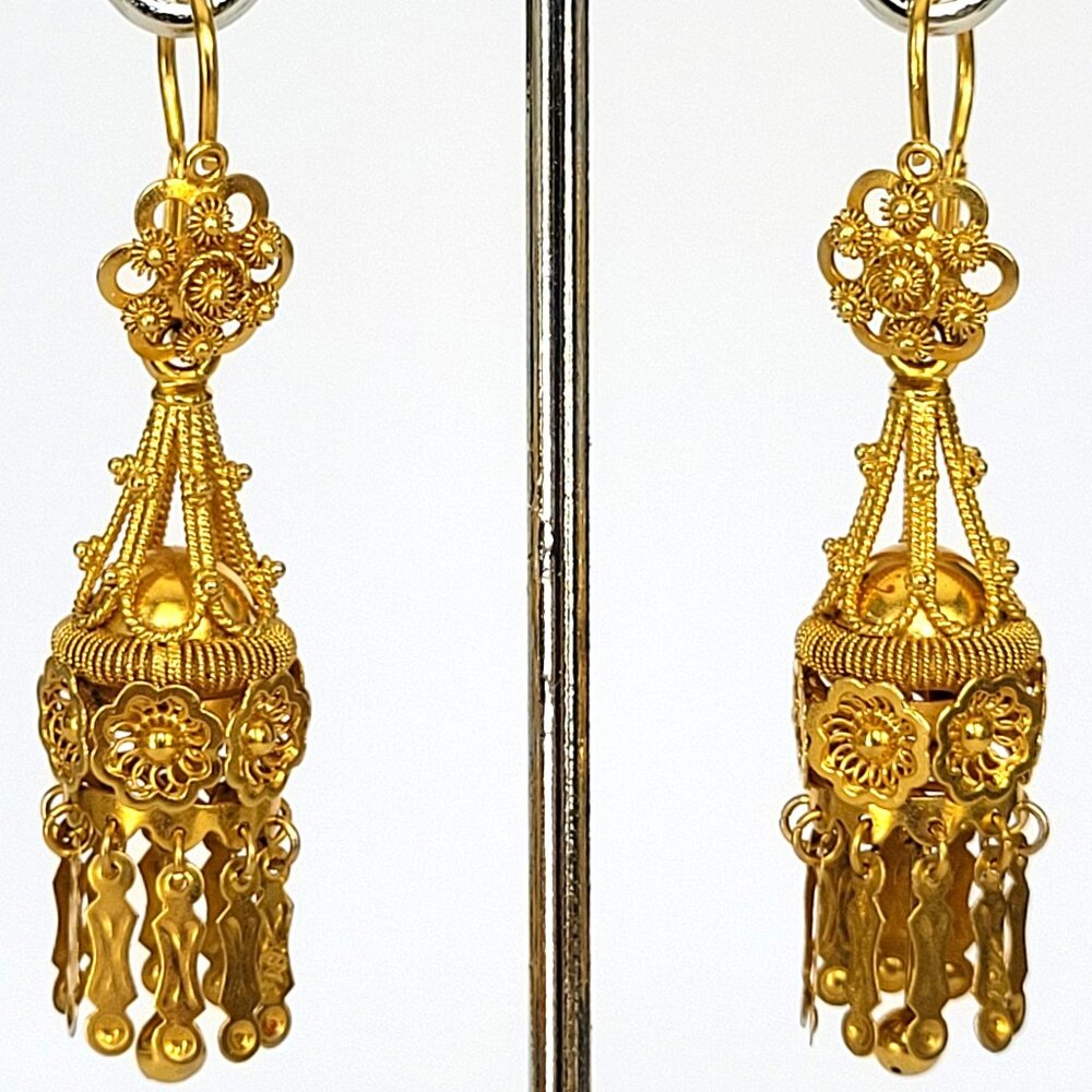 18K Yellow Gold Etruscan Round Flower Tassel Drop Earrings
